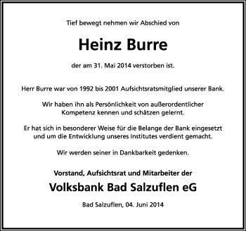 Anzeige  Heinz Burre  Lippische Landes-Zeitung