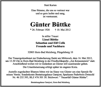 Anzeige  Günter Büttke  Lippische Landes-Zeitung