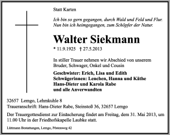 Anzeige  Walter Siekmann  Lippische Landes-Zeitung