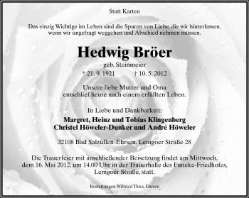 Anzeige  Hedwig Bröer  Lippische Landes-Zeitung