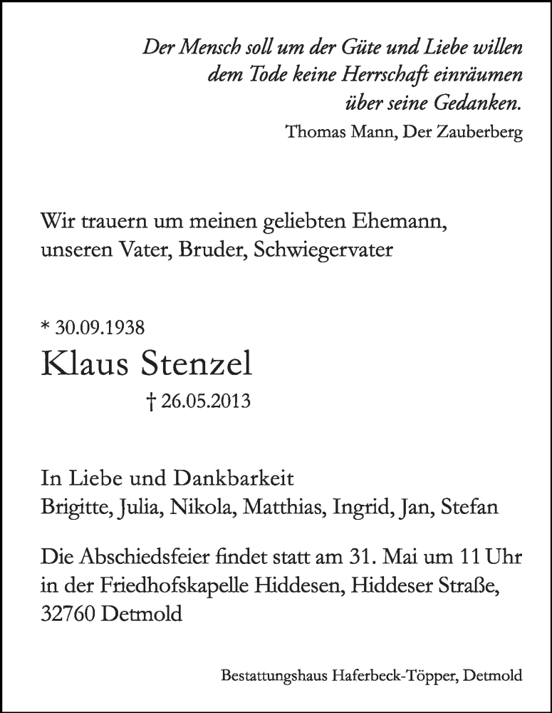  Traueranzeige für Klaus Stenzel vom 29.05.2013 aus Lippische Landes-Zeitung