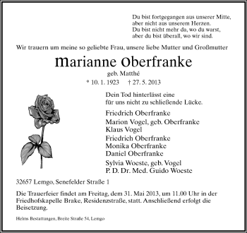 Anzeige  Marianne Oberfranke  Lippische Landes-Zeitung