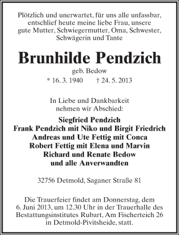 Anzeige  Brunhilde Pendzich  Lippische Landes-Zeitung