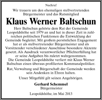 Anzeige  Klaus Werner Baltschun  Lippische Landes-Zeitung