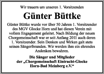 Anzeige  Günter Büttke  Lippische Landes-Zeitung