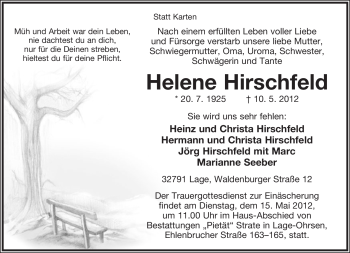 Anzeige  Helene Hirschfeld  Lippische Landes-Zeitung