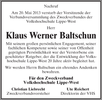 Anzeige  Klaus Werner Baltschun  Lippische Landes-Zeitung