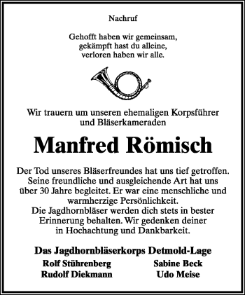 Anzeige  Manfred Römisch  Lippische Landes-Zeitung