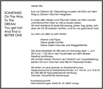 Anzeige  Nils   Lippische Landes-Zeitung
