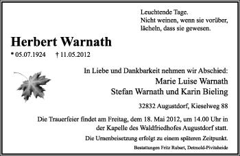 Anzeige  Herbert Warnath  Lippische Landes-Zeitung