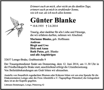 Anzeige  Günter Blanke  Lippische Landes-Zeitung