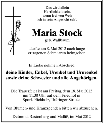 Anzeige  Maria Stock  Lippische Landes-Zeitung