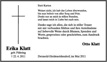 Anzeige  Erika Klatt  Lippische Landes-Zeitung