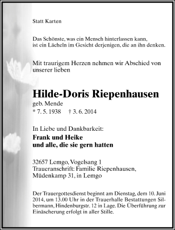 Anzeige  Hilde-Doris  Riepenhausen  Lippische Landes-Zeitung
