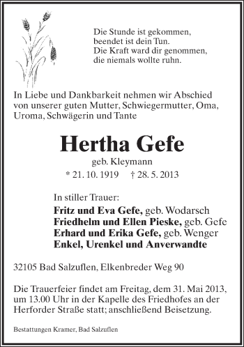 Anzeige  Hertha Gefe  Lippische Landes-Zeitung