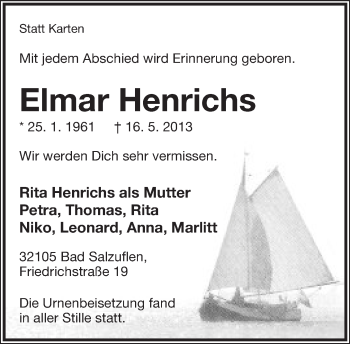 Anzeige  Elmar Henrichs  Lippische Landes-Zeitung