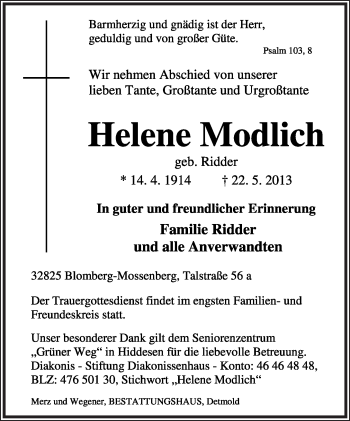 Anzeige  Helene Modlich  Lippische Landes-Zeitung