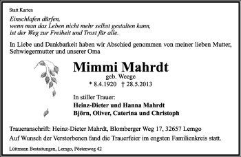 Anzeige  Mimmi Mahrdt  Lippische Landes-Zeitung