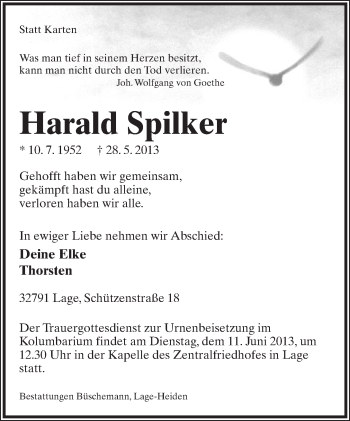 Anzeige  Harald Spilker  Lippische Landes-Zeitung