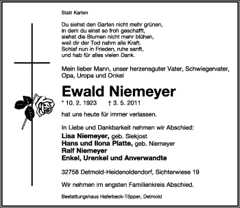 Anzeige  Ewald Niemeyer  Lippische Landes-Zeitung