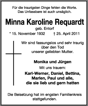 Anzeige  Minna Karoline Requardt  Lippische Landes-Zeitung