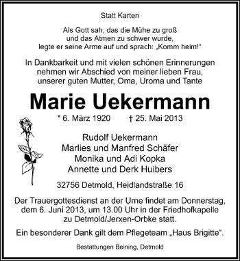 Anzeige  Marie Uekermann  Lippische Landes-Zeitung