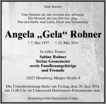 Anzeige  Angela Rohner  Lippische Landes-Zeitung