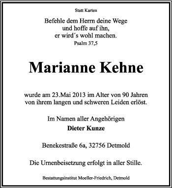 Anzeige  Marianne Kehne  Lippische Landes-Zeitung