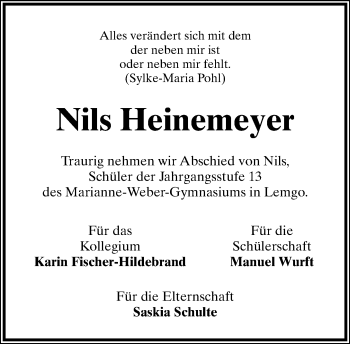 Anzeige  Nils Heinemeyer  Lippische Landes-Zeitung