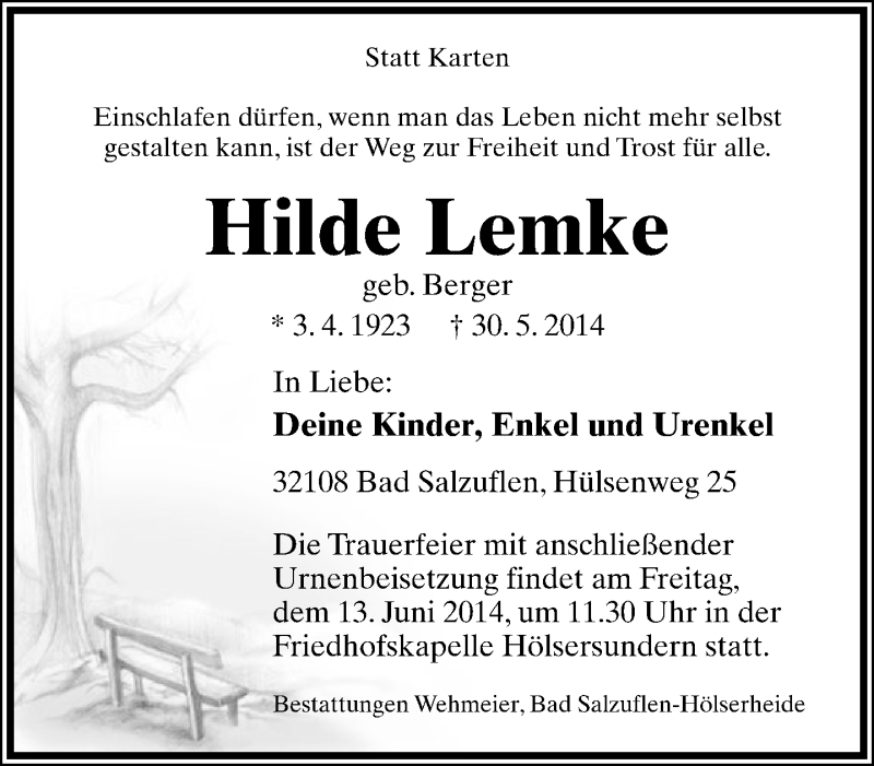  Traueranzeige für Hilde Lemke vom 07.06.2014 aus Lippische Landes-Zeitung