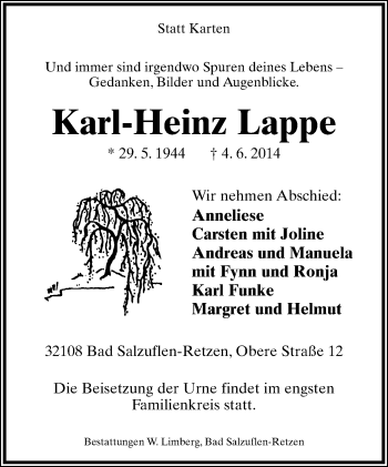 Anzeige  Karl-Heinz Lappe  Lippische Landes-Zeitung