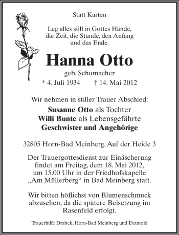Anzeige  Hanna Otto  Lippische Landes-Zeitung