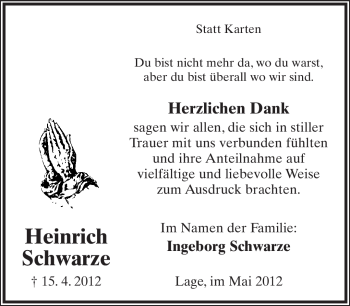 Anzeige  Heinrich Schwarze  Lippische Landes-Zeitung