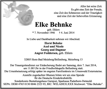 Anzeige  Elke  Behnke  Lippische Landes-Zeitung