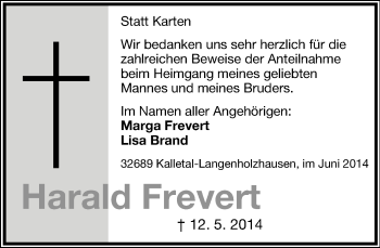 Anzeige  Harald Frevert  Lippische Landes-Zeitung