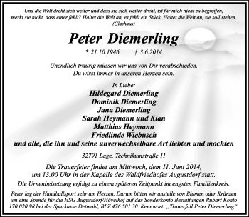 Anzeige  Peter Diemerling  Lippische Landes-Zeitung