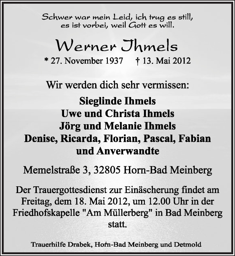  Traueranzeige für Werner Ihmels vom 16.05.2012 aus Lippische Landes-Zeitung