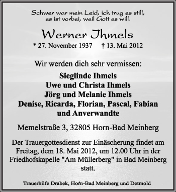 Anzeige  Werner Ihmels  Lippische Landes-Zeitung