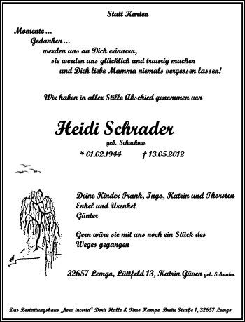 Anzeige  Heidi Schrader  Lippische Landes-Zeitung