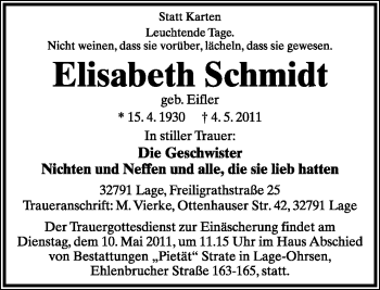 Anzeige  Elisabeth Schmidt  Lippische Landes-Zeitung