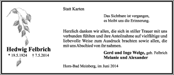 Anzeige  Hedwig Felbrich  Lippische Landes-Zeitung