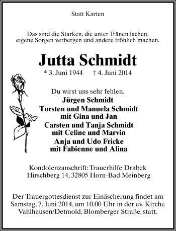 Anzeige  Jutta Schmidt  Lippische Landes-Zeitung