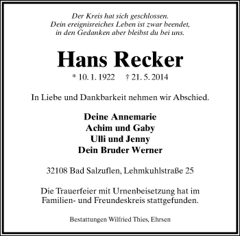 Anzeige  Hans Recker  Lippische Landes-Zeitung