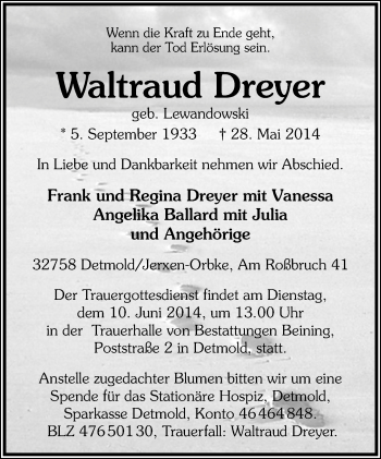 Anzeige  Waltraud  Dreyer  Lippische Landes-Zeitung