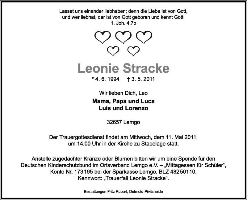  Traueranzeige für Leonie Stracke vom 07.05.2011 aus Lippische Landes-Zeitung