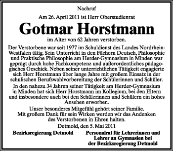 Anzeige  Gotmar Horstmann  Lippische Landes-Zeitung