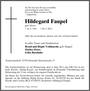 Anzeige  Hildegard Faupel  Lippische Landes-Zeitung