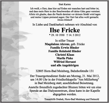 Anzeige  Ilse Fricke  Lippische Landes-Zeitung