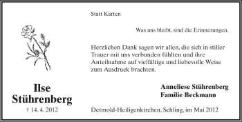Anzeige  Ilse Stührenberg  Lippische Landes-Zeitung