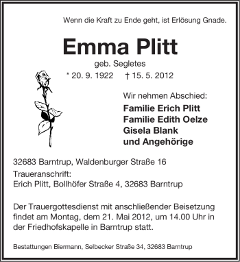 Anzeige  Emma Plitt  Lippische Landes-Zeitung